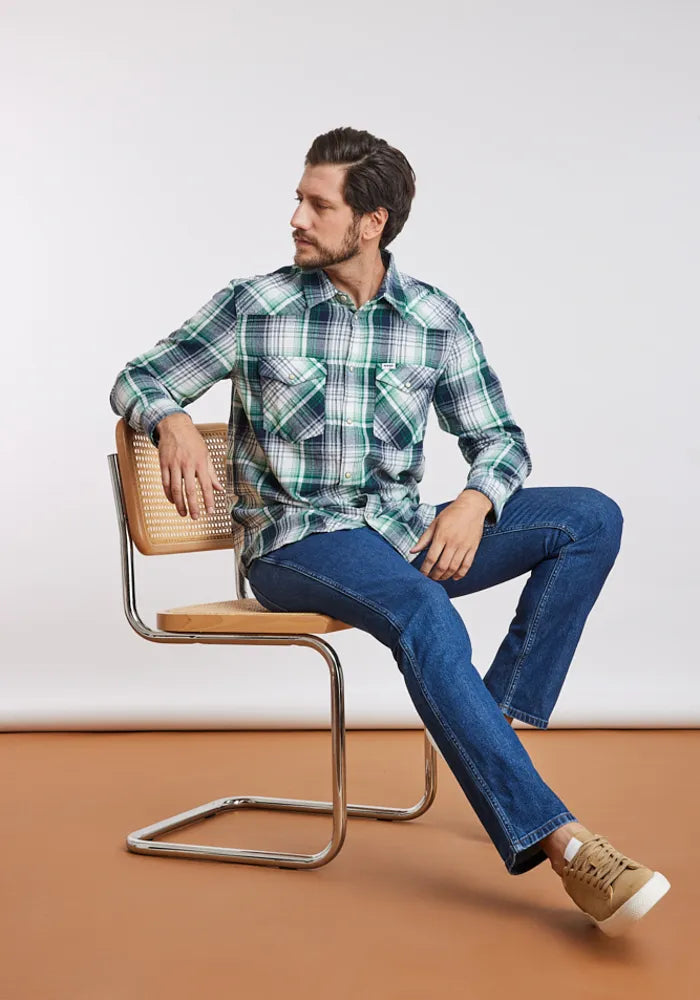 Camisa Hombre Western Shirt Green Blue Plaid