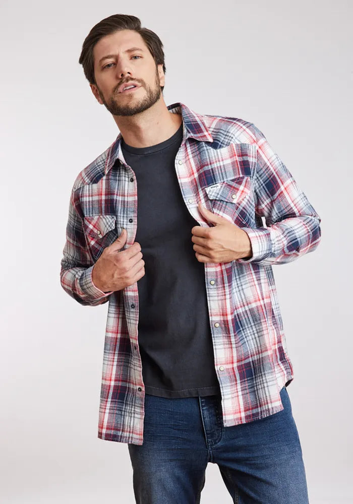 Camisa Hombre Western Shirt Red Blue Plaid