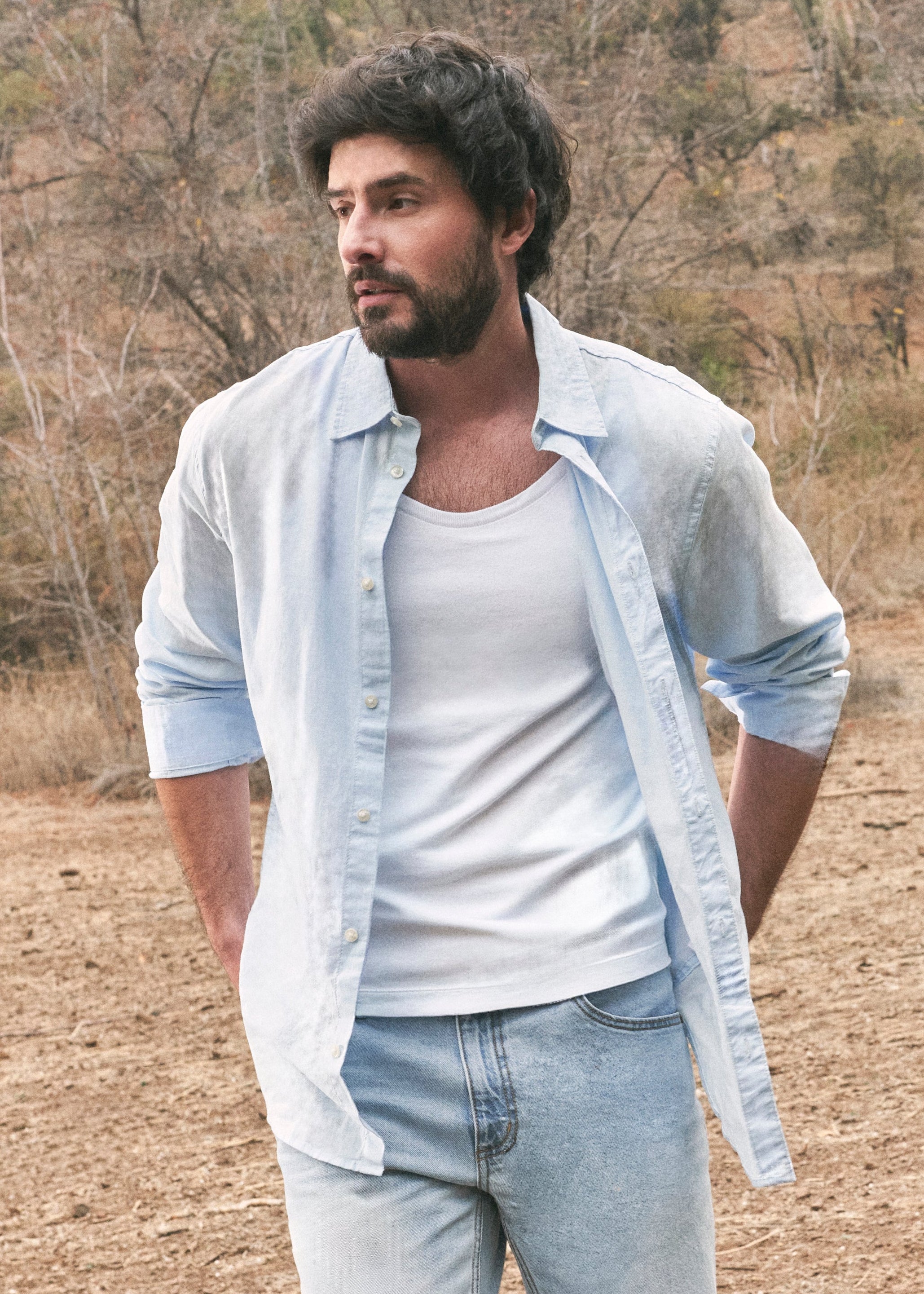 Camisa Hombre Manga Larga Lino Regular Fit Celeste