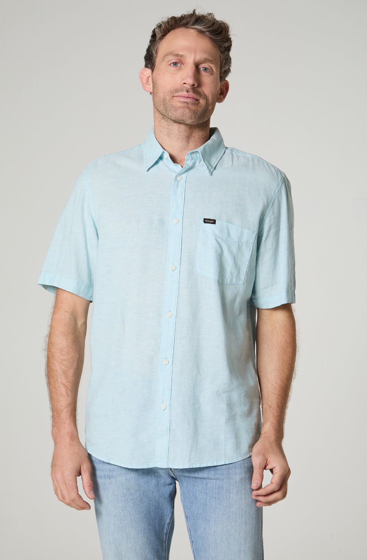 Camisa Hombre Manga Larga Lino 1 Bolsillo Celeste
