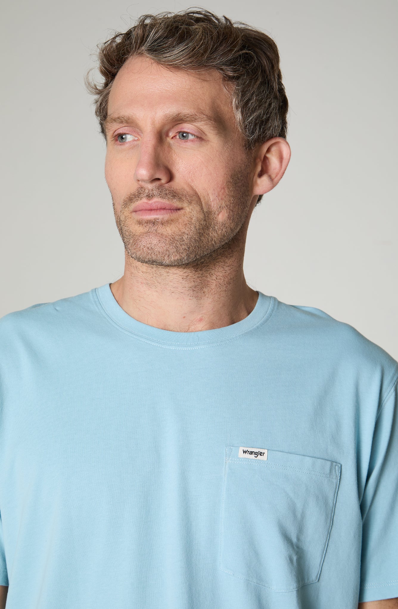 Polera Hombre Cuello Redondo Con Bolsillo Regular Fit 100% Cotton Celeste