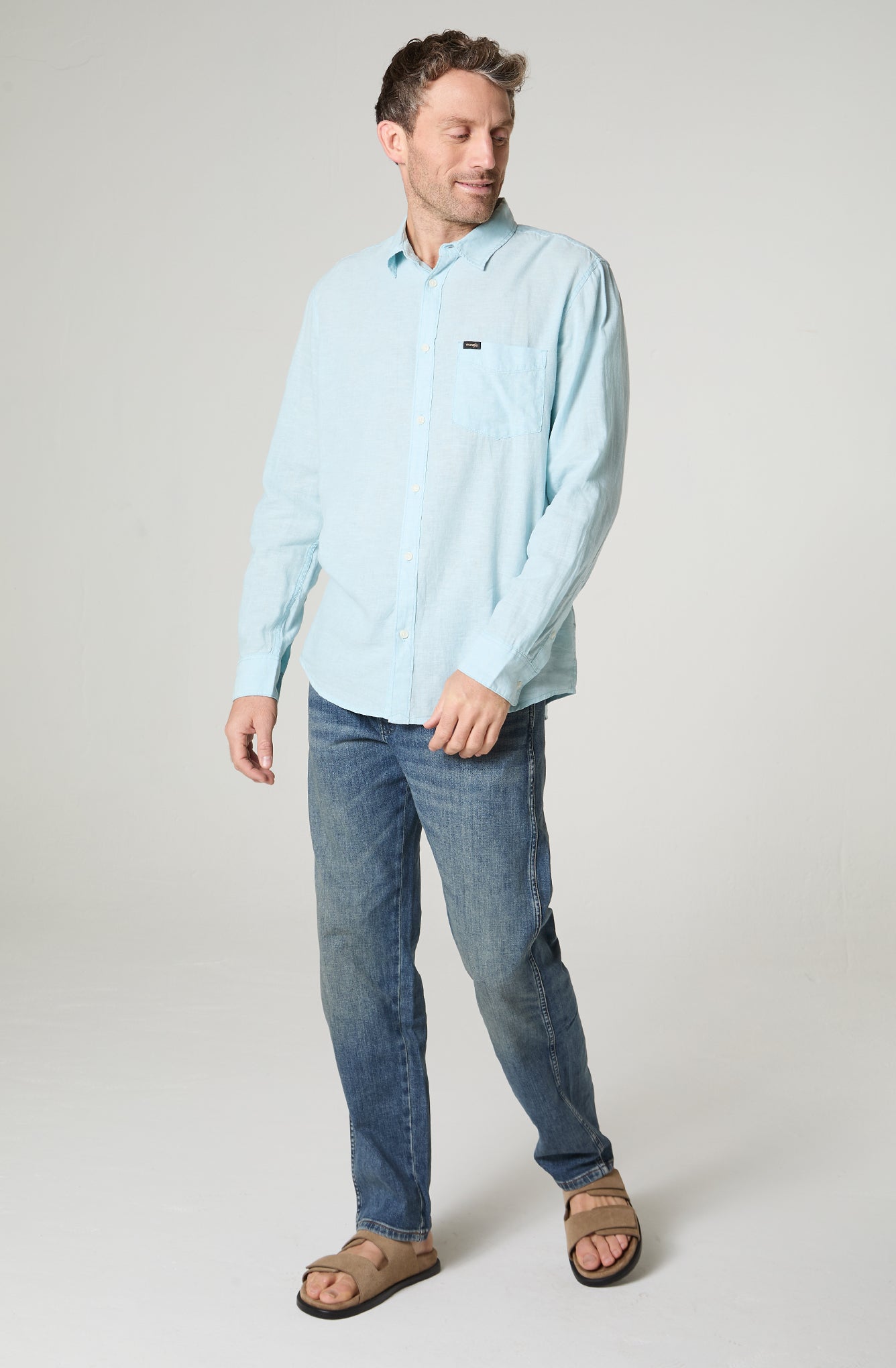 Camisa Hombre Manga Larga Cuadros 1 Bolsillo Regular Straight Azul Medio