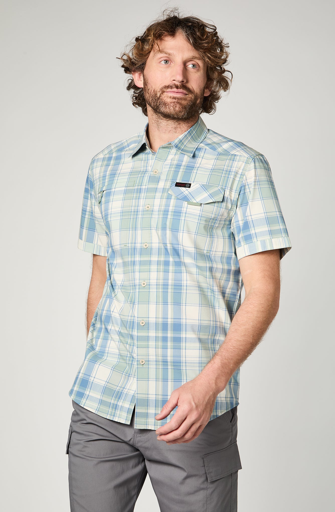 Camisa M/C Hombre Cuadros Celeste