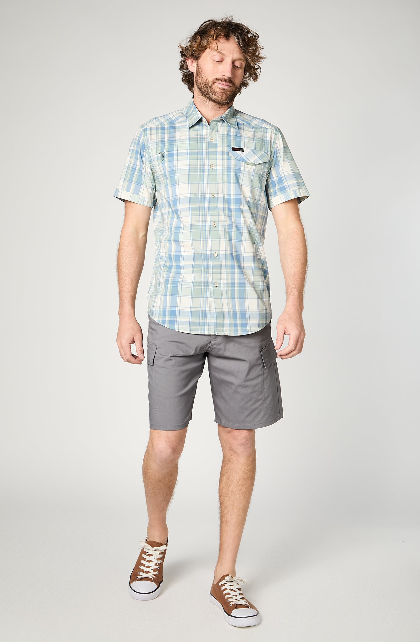 Camisa M/C Hombre Cuadros Celeste