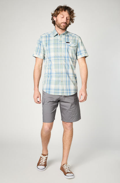 Camisa M/C Hombre Cuadros Celeste