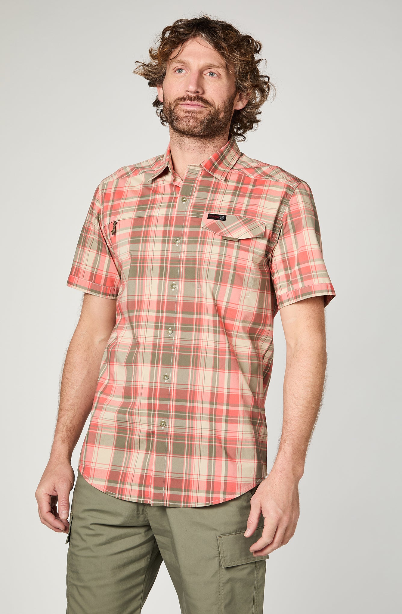 Camisa M/C Hombre Cuadros Naranjo