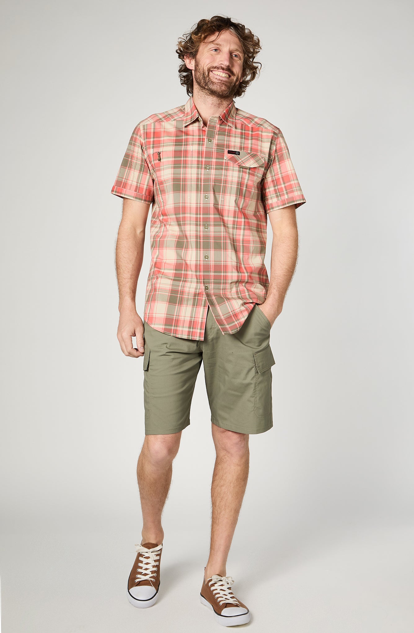 Camisa M/C Hombre Cuadros Naranjo
