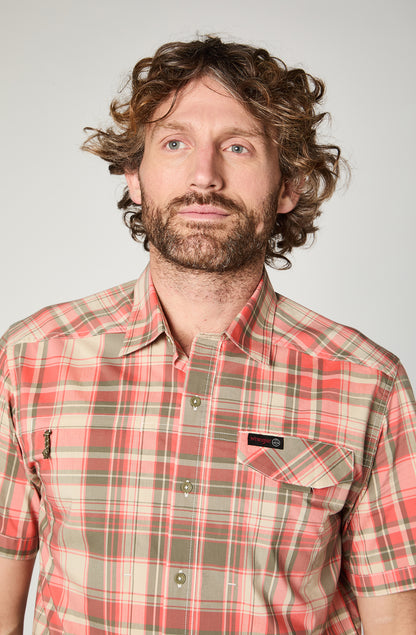 Camisa M/C Hombre Cuadros Naranjo