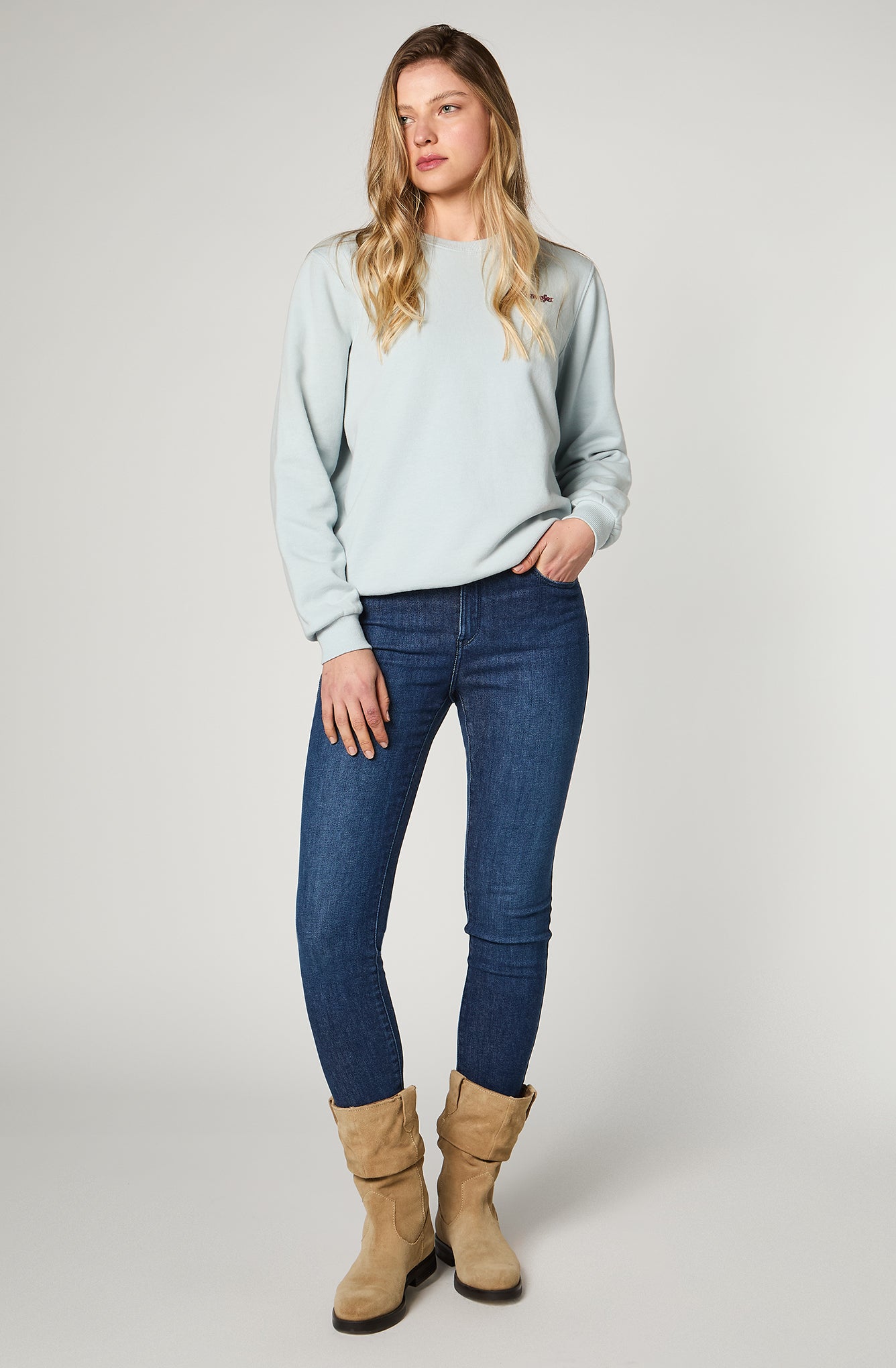 Sweater Mujer Crewneck Broidery Celeste