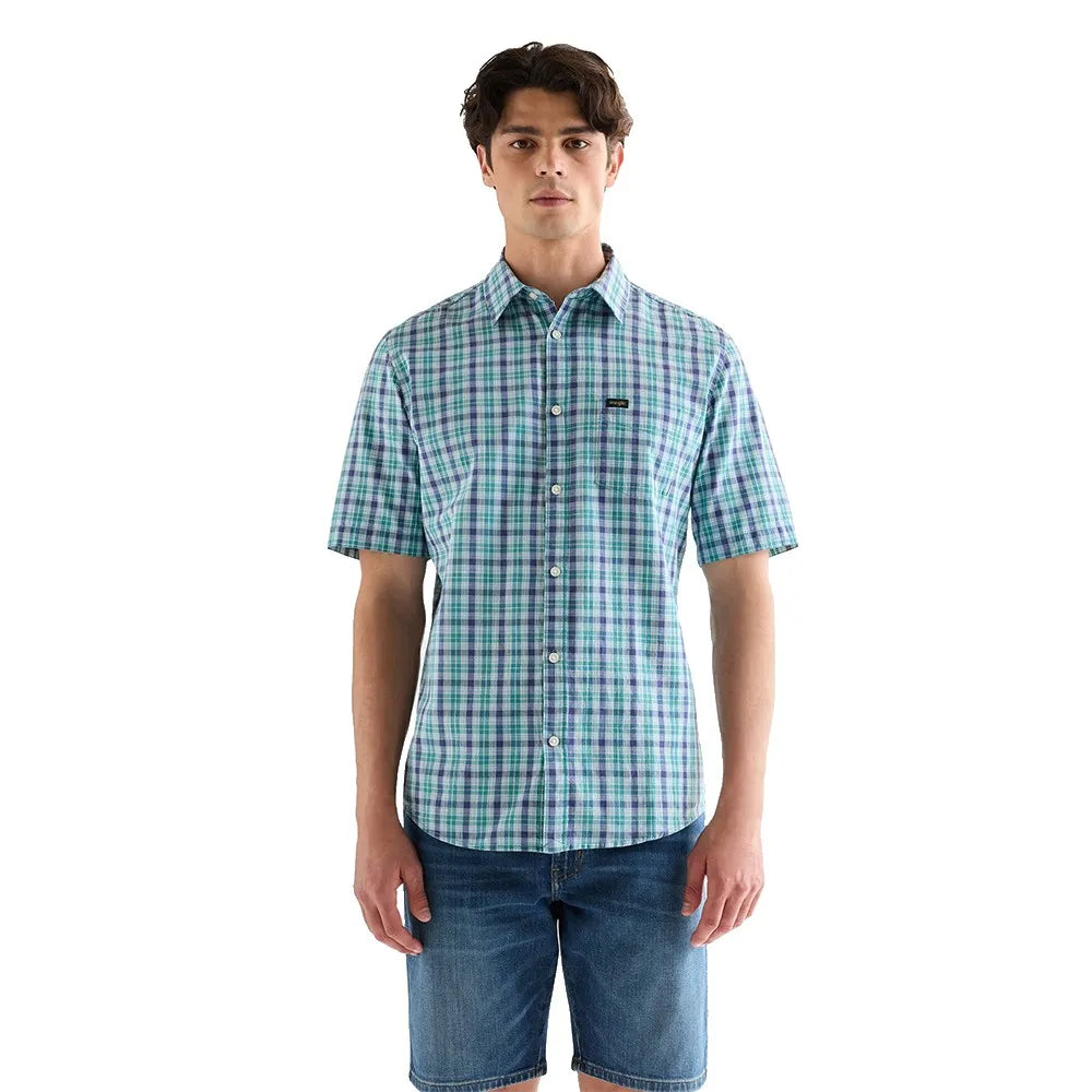 Camisa Hombre Manga Corta Cuadros Azul