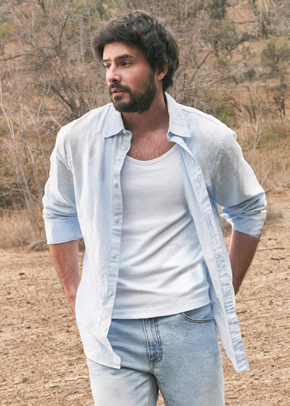 Camisa Hombre Manga Larga Lino Regular Fit Celeste