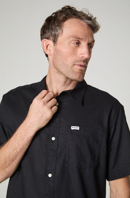 Camisa Hombre Manga Corta Lino 1 Bolsillo Regular Fit Negro