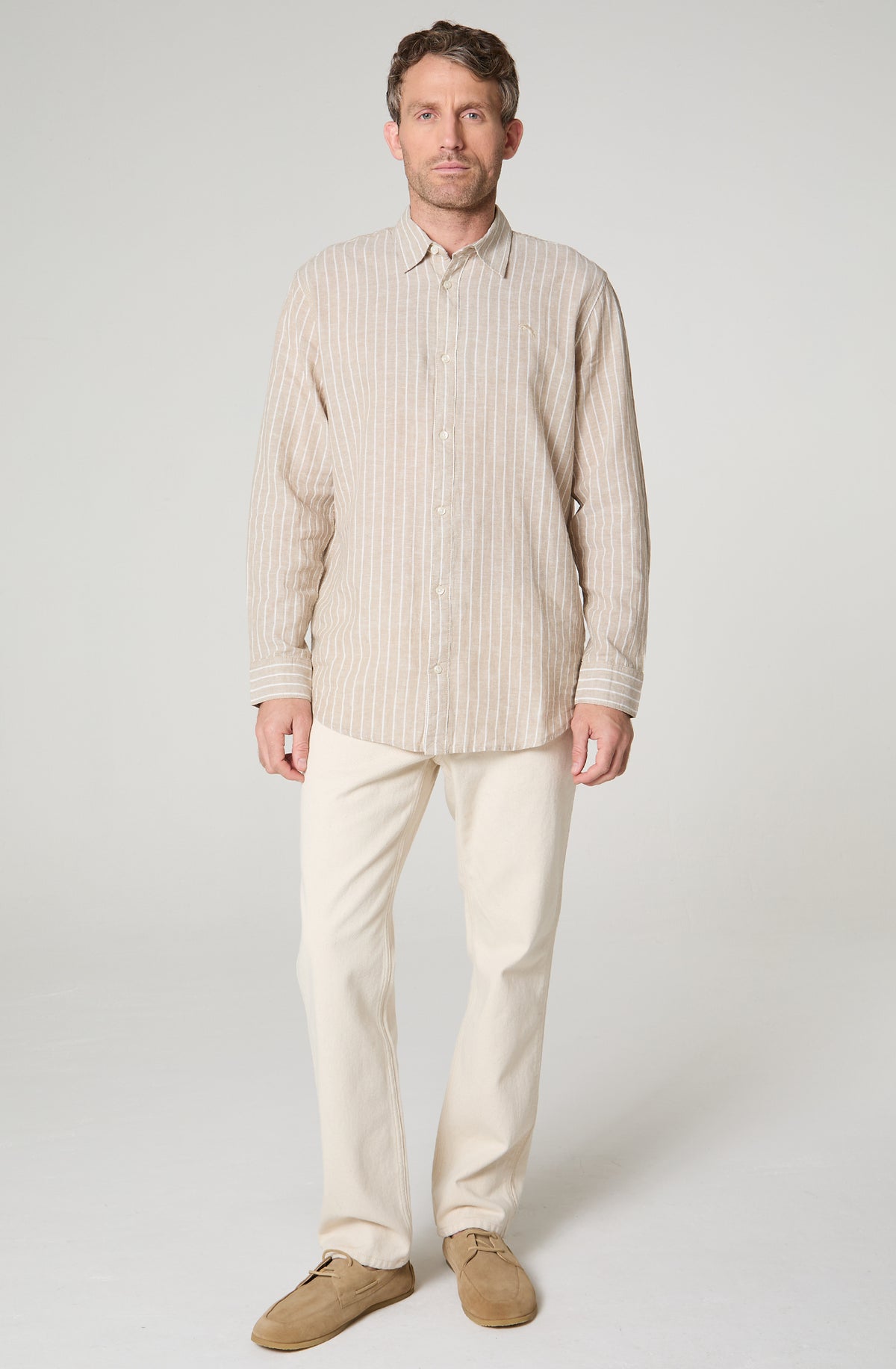 Camisa Hombre Rayas Manga Larga Lino Regular Fit Beige