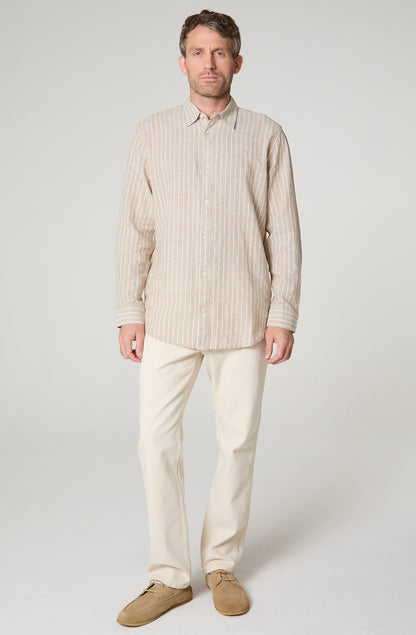 Camisa Hombre Rayas Manga Larga Lino Regular Fit Beige