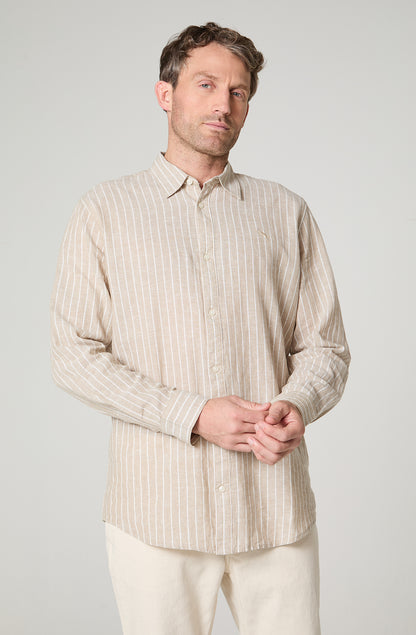 Camisa Hombre Rayas Manga Larga Lino Regular Fit Beige
