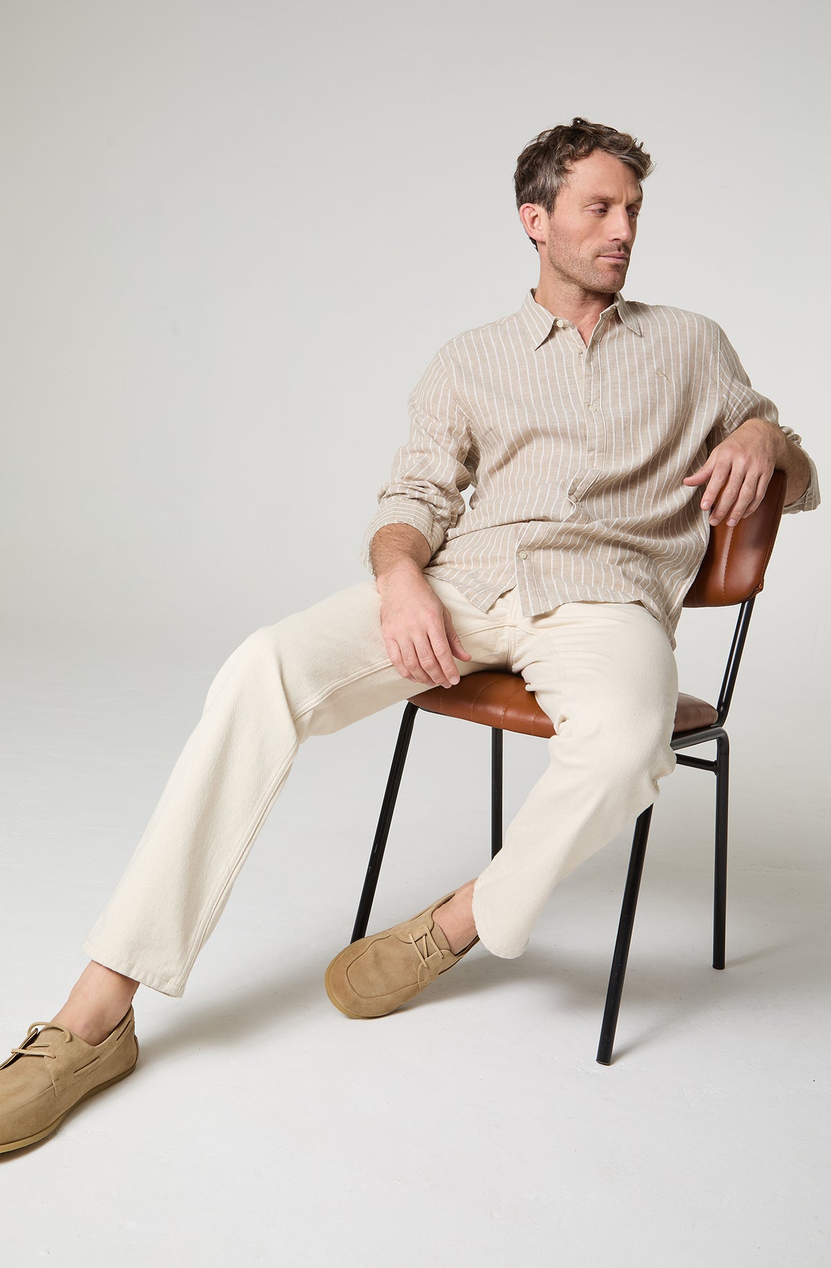 Camisa Hombre Rayas Manga Larga Lino Regular Fit Beige