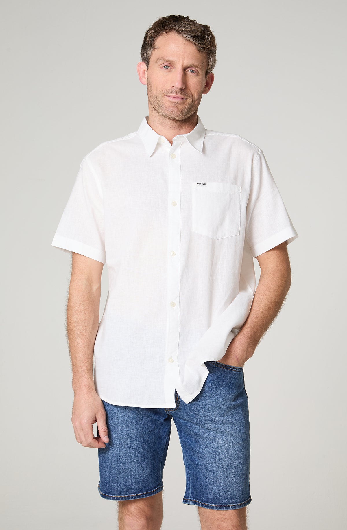 Camisa Hombre Manga Corta Lino 1 Bolsillo Regular Fit Blanco