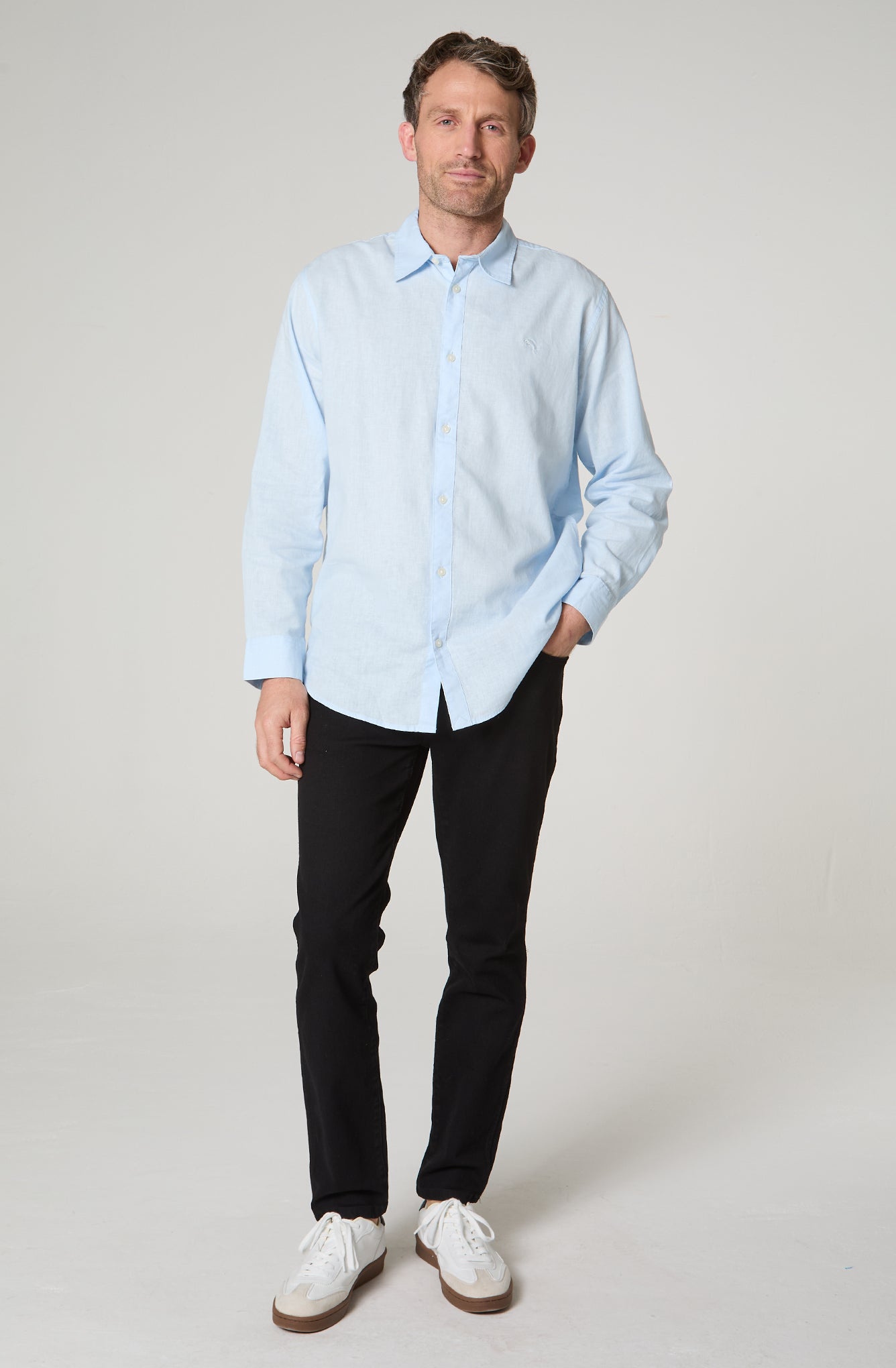 Camisa Hombre Manga Larga Lino Regular Fit Celeste