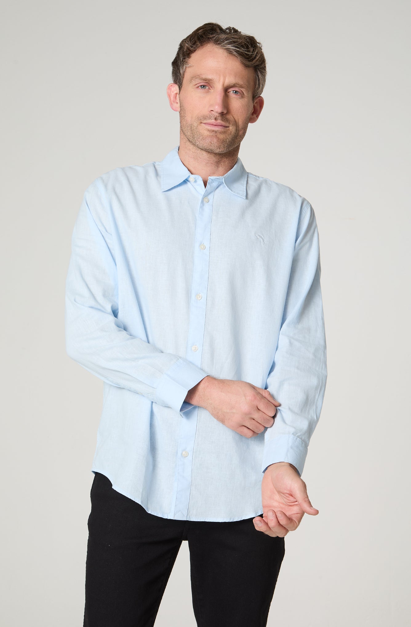 Camisa Hombre Manga Larga Lino Regular Fit Celeste