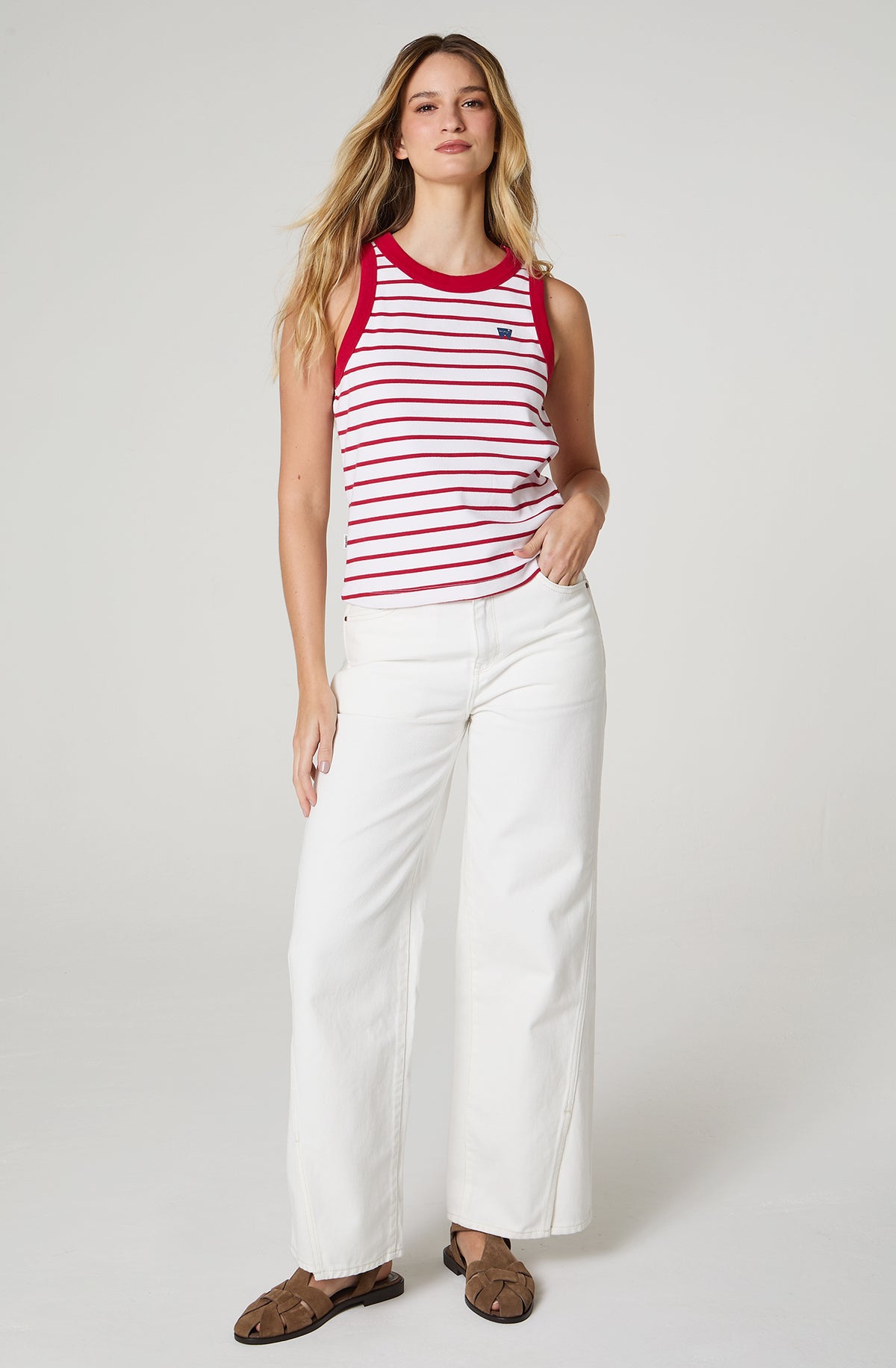 Polera Mujer Ringer Tank Slim Fit Rojo Con Rayas