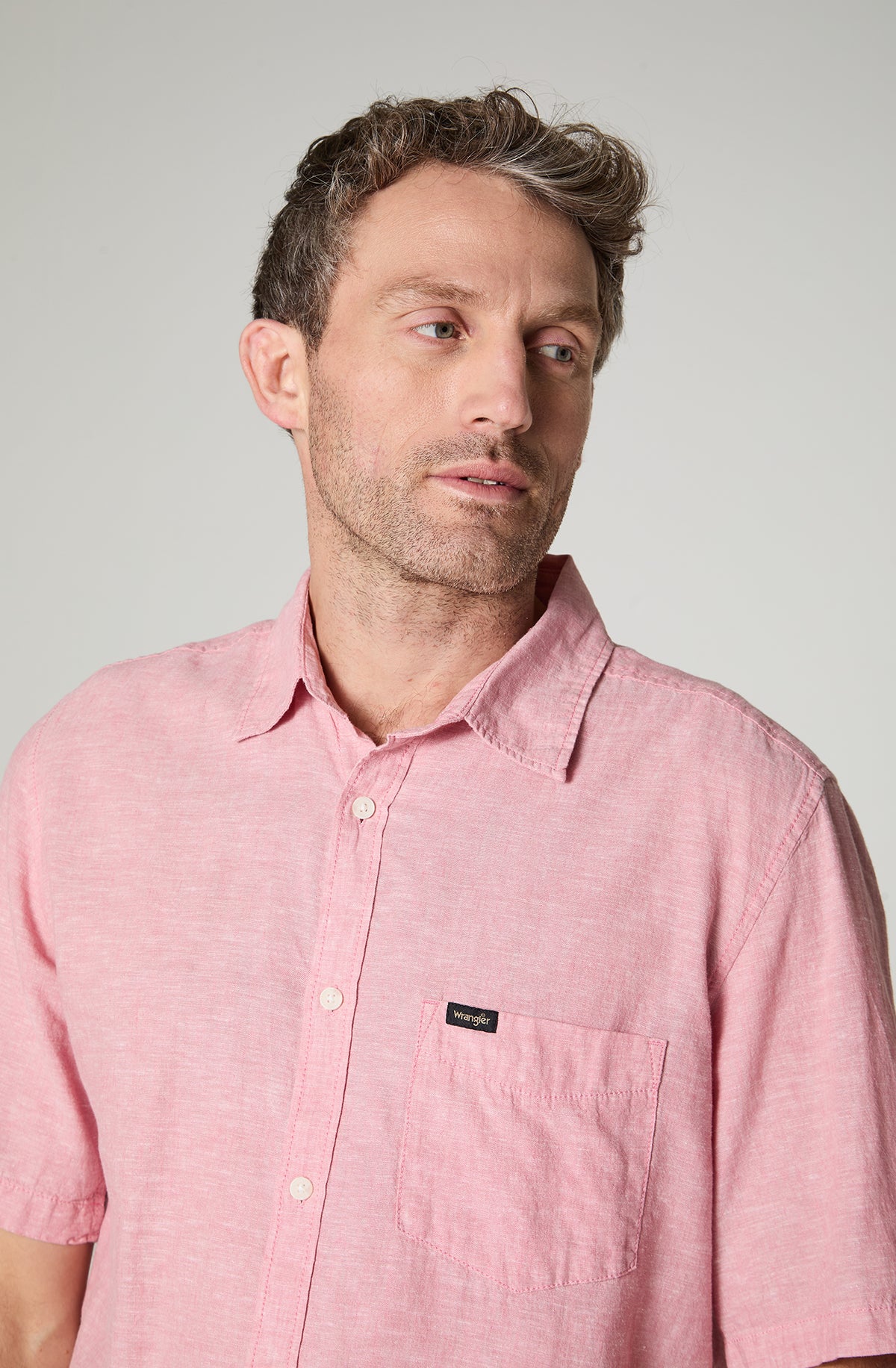 Camisa Hombre Manga Corta Lino 1 Bolsillo Rosado