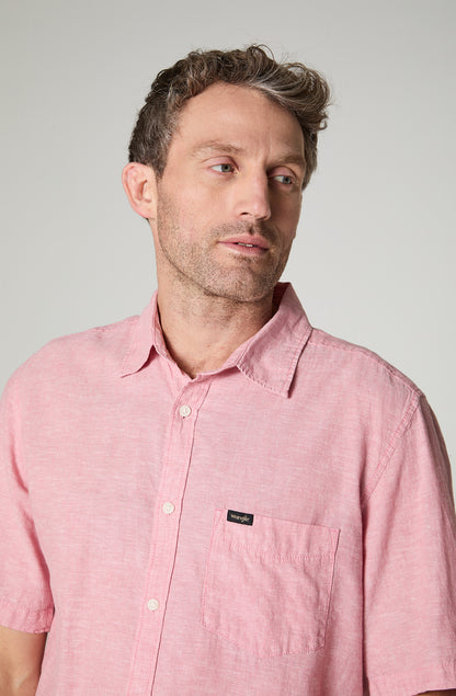 Camisa Hombre Manga Corta Lino 1 Bolsillo Rosado