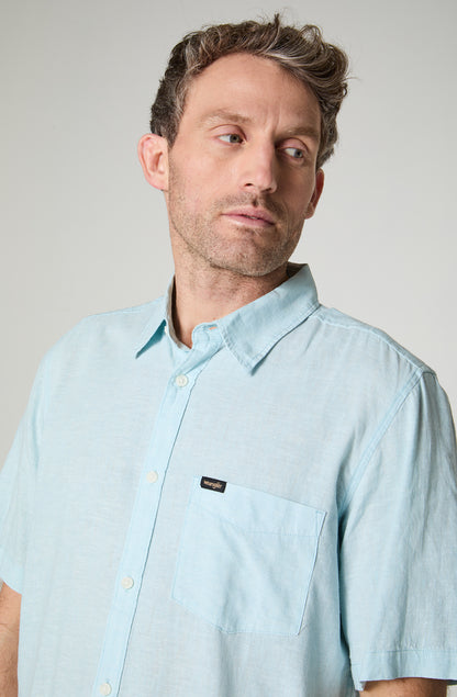 Camisa Hombre Manga Larga Lino 1 Bolsillo Celeste