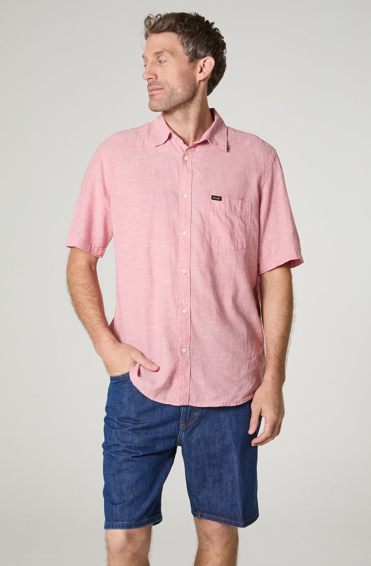 Camisa Hombre Manga Corta Lino 1 Bolsillo Rosado