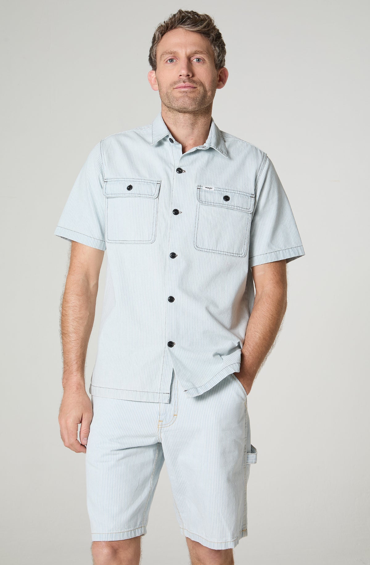 Camisa Hombre Rayas MC Relaxed Fit Celeste