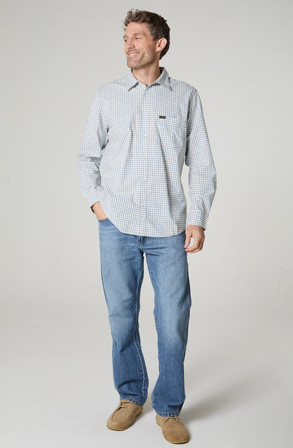 Camisa Hombre Manga Corta Lino 1 Bolsillo C/Check Azul