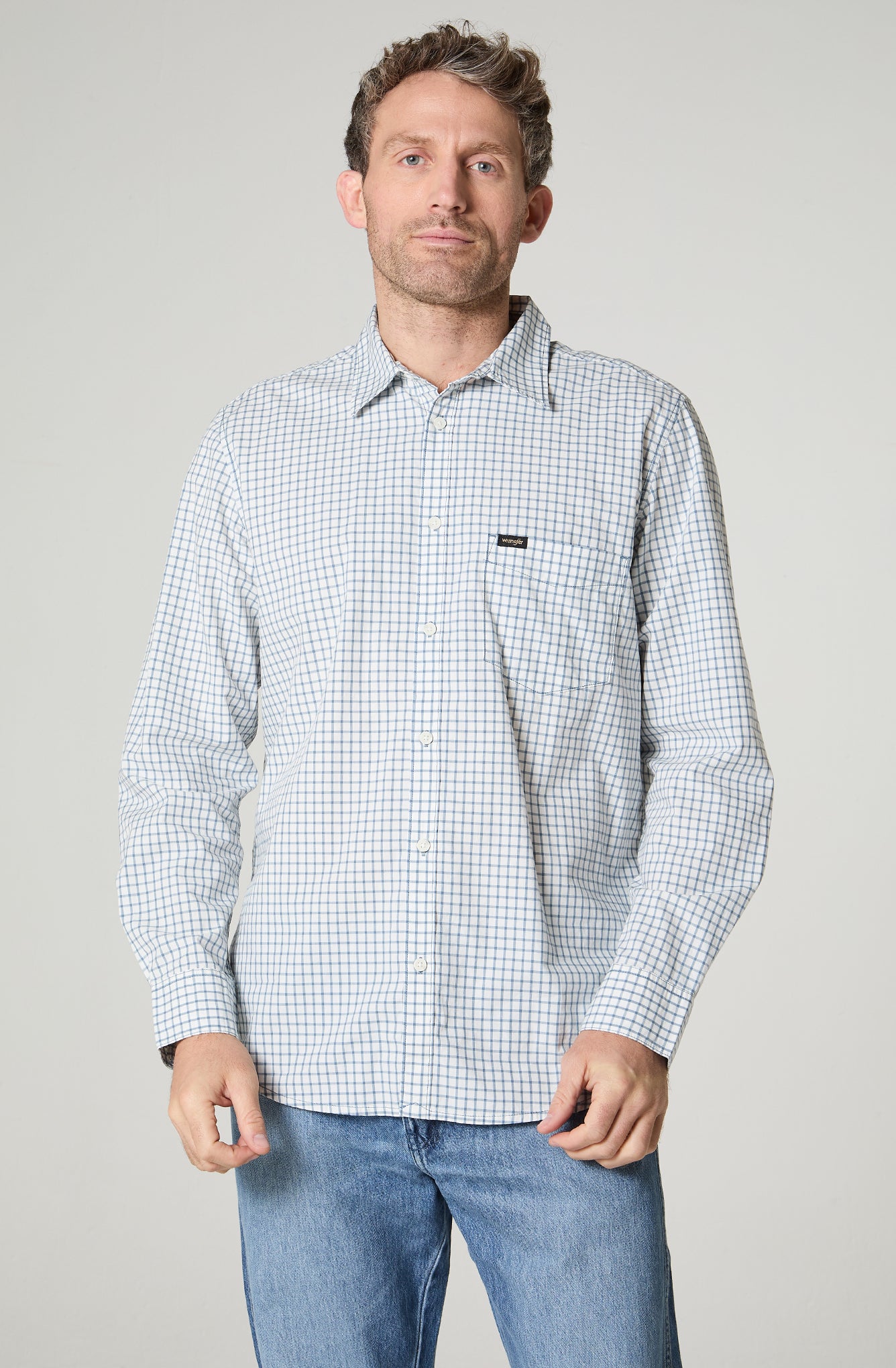 Camisa Hombre Manga Corta Lino 1 Bolsillo C/Check Azul