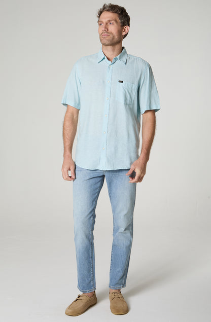 Camisa Hombre Manga Larga Lino 1 Bolsillo Celeste