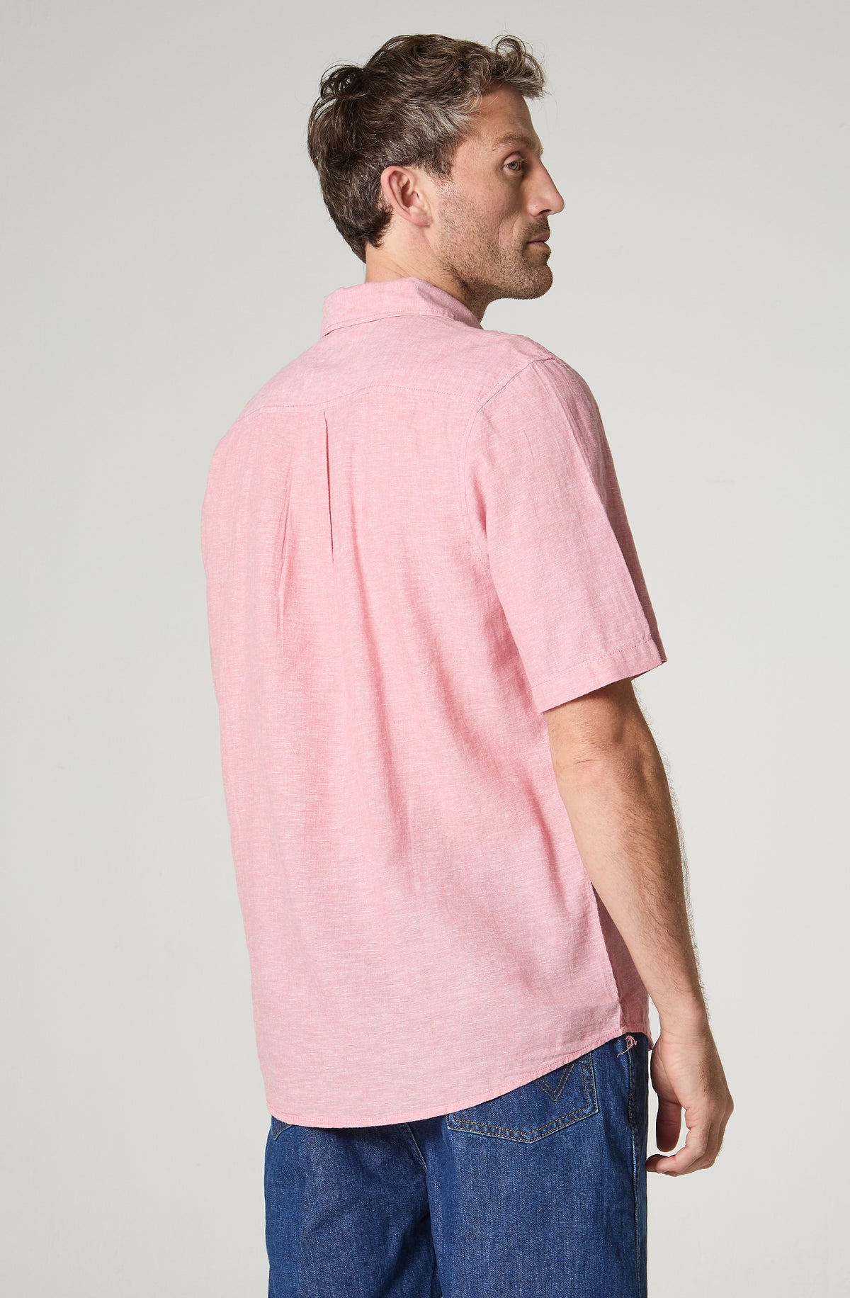 Camisa Hombre Manga Corta Lino 1 Bolsillo Rosado