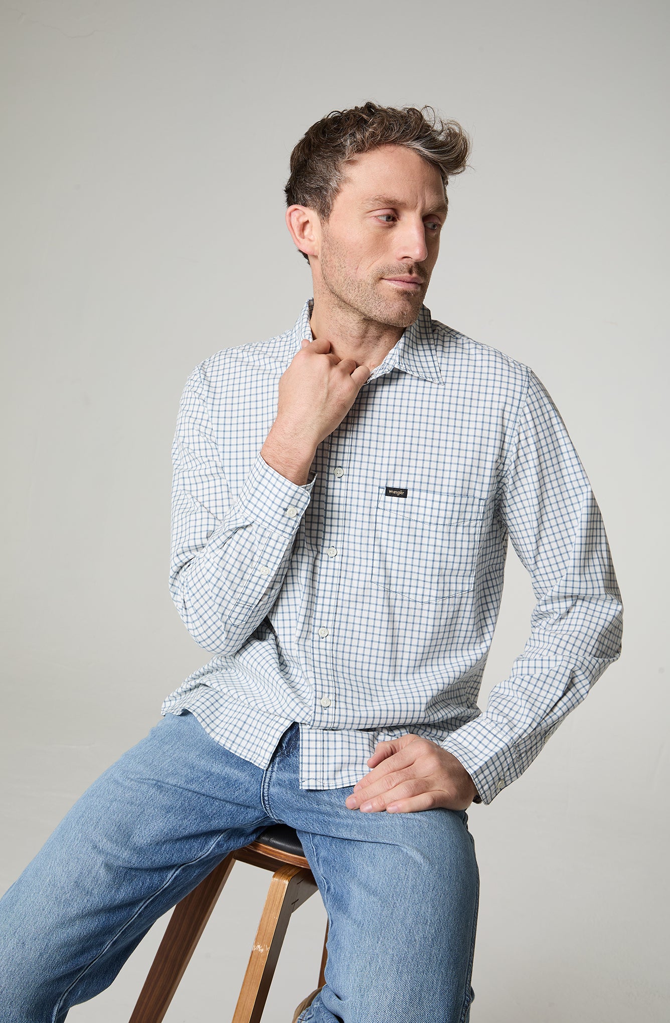 Camisa Hombre Manga Corta Lino 1 Bolsillo C/Check Azul