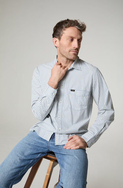 Camisa Hombre Manga Corta Lino 1 Bolsillo C/Check Azul