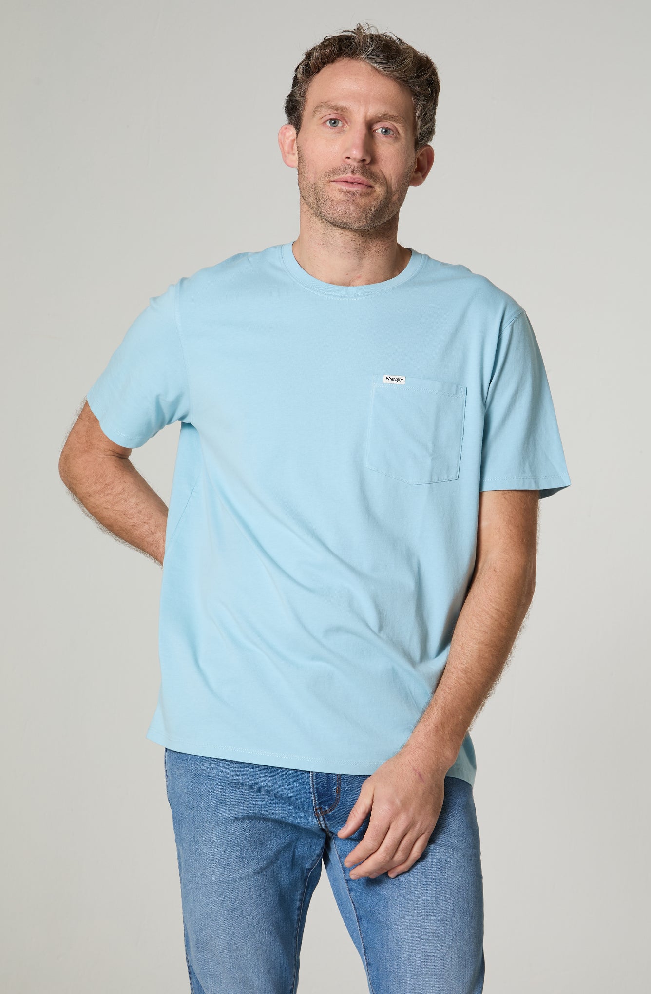 Polera Hombre Cuello Redondo Con Bolsillo Regular Fit 100% Cotton Celeste