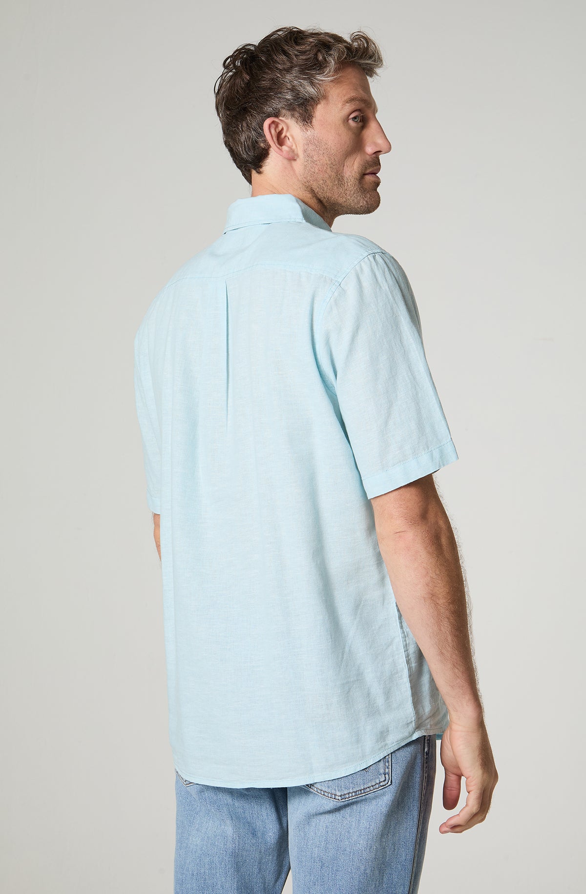 Camisa Hombre Manga Larga Lino 1 Bolsillo Celeste