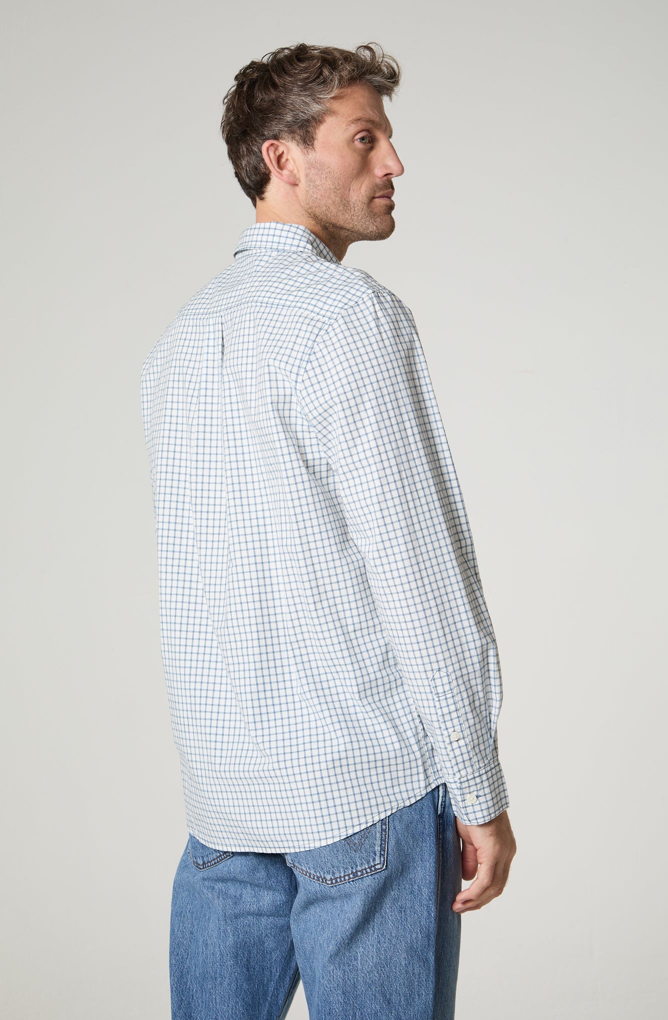Camisa Hombre Manga Corta Lino 1 Bolsillo C/Check Azul